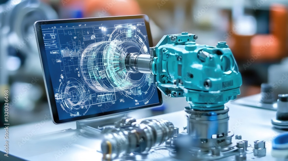 Poster digital engineering schematic displayed on a tablet next to physical mechanical components.