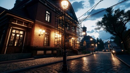 Old brick building with street clock enhancing historical charm and urban grit in a city landscape