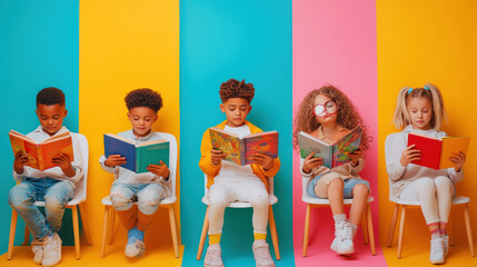 Fototapeta premium A diverse group of children engaged in reading colorful books while sitting on white chairs against a vibrant backdrop of yellow and pink stripes, promoting literacy