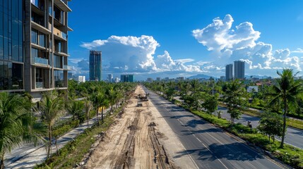 Aerial view of urban street undergoing major construction displaying ambitious renovation progress in a city landscape