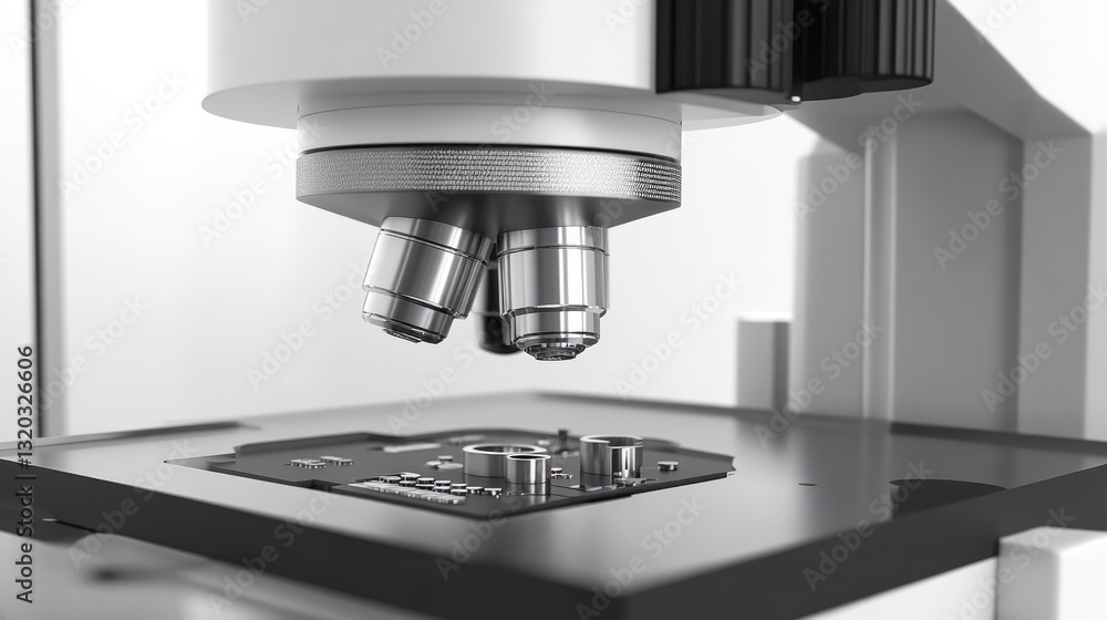 Poster digital microchip under a high-tech microscope, symbolizing nano-engineering advancements.