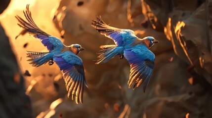 Two vibrant blue birds in flight against a sunlit rocky background.