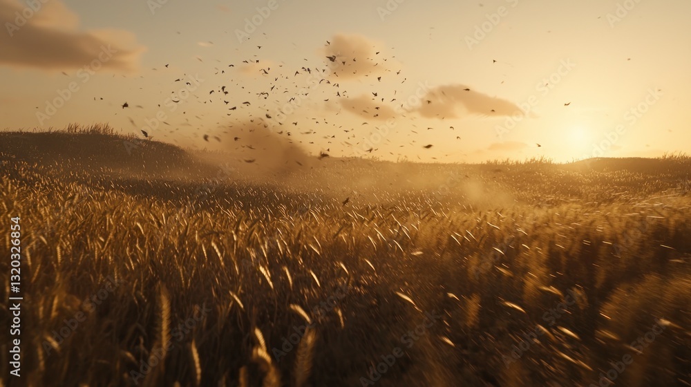Poster sunset over a wheat field with birds taking flight.