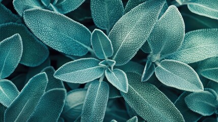 Textured sage leaves in muted turquoise hues create a calming effect