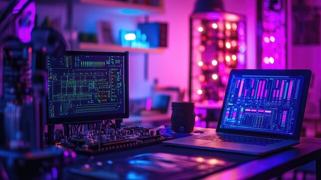 Electrical engineer's desk with a digital oscilloscope, schematic printouts, and a PCB layout on a laptop.