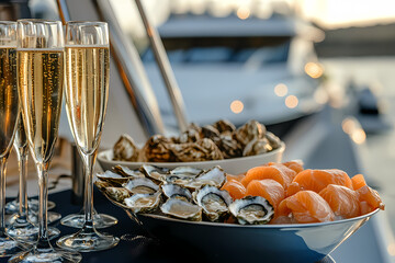 Fototapeta premium Luxurious Yacht Celebration: An elegant composition showcasing champagne flutes, fresh oysters, and salmon arranged on a table set against a blurred background of a yacht at sunset.