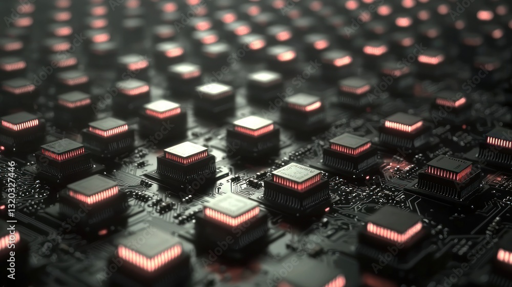 Poster futuristic technology background with glowing red microchips on a circuit board.