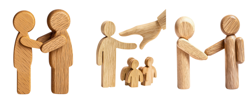 leadership community figure wooden concept. Wooden figures depicting connection and relationships among people.