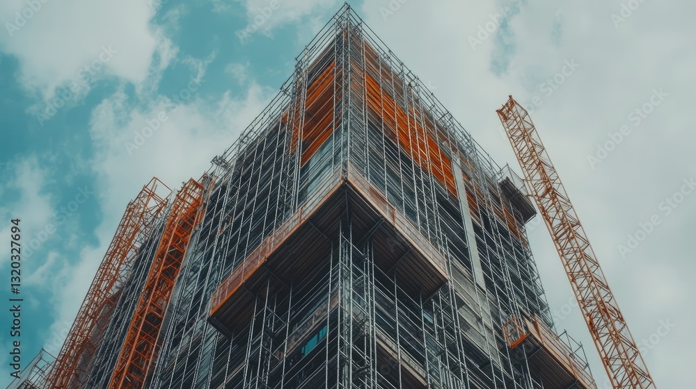 Poster high-rise building under construction with a scaffolding system surrounding its structure.