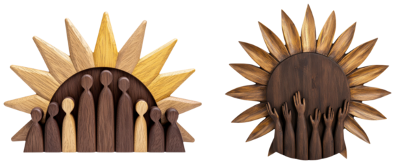 leadership community figure wooden concept. Wooden sculptures depicting figures under a sun motif.
