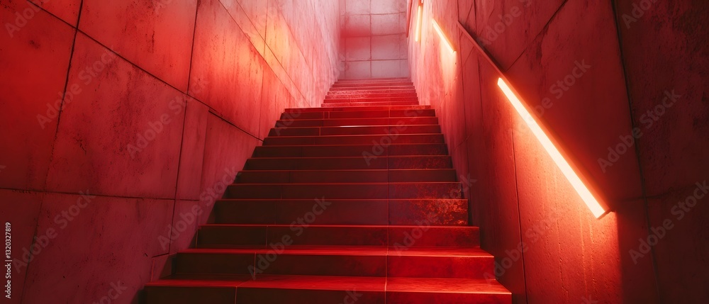 Poster striking and captivating red staircase tunnel with geometric lighting effects bold architectural lin