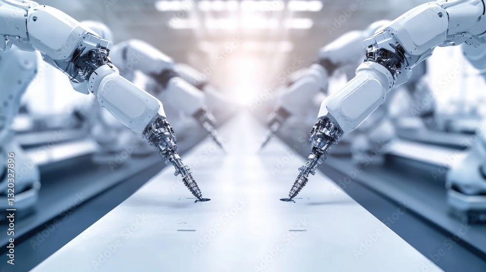 Poster high-tech mechanical assembly line with robotic automation in a factory setting.