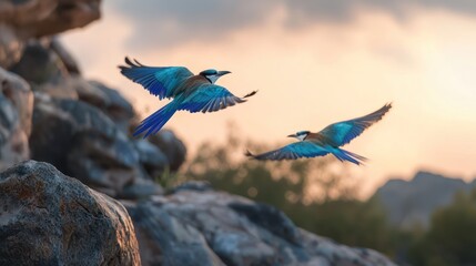 Two vibrant blue birds in flight over rocks at sunset.