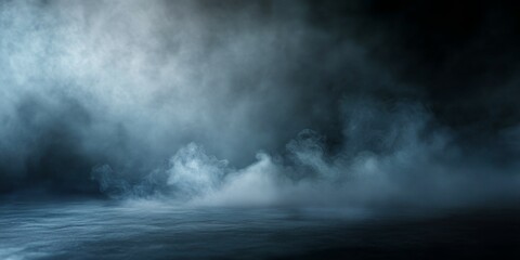 Mysterious Dark Foggy Landscape with Misty Atmosphere and Subtle Blue Light Reflections