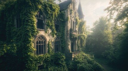 Fototapeta premium An overgrown mansion in a verdant forest with intricate architectural details
