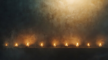Obraz premium Candlelight Pathway: A mystical atmosphere is created by the soft, warm glow of lit candles, casting long shadows against a dark background. This image evokes feelings of serenity, guidance.