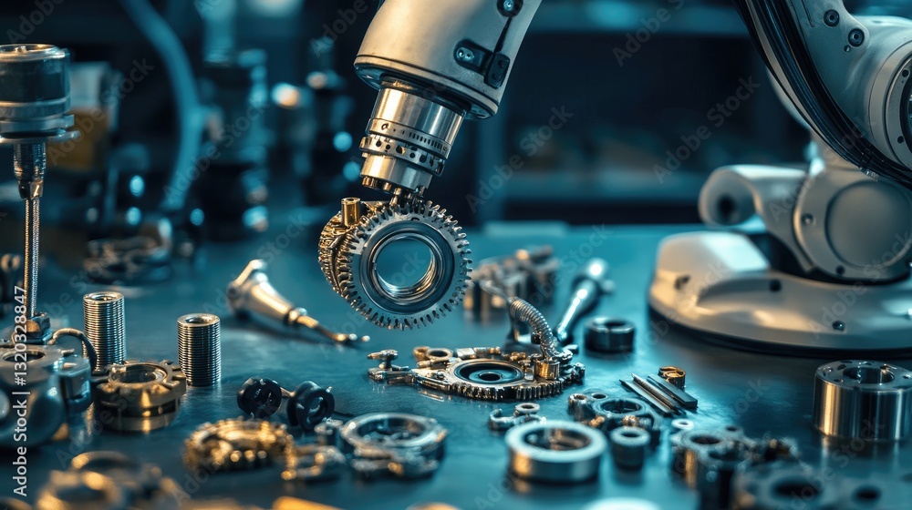 Poster industrial robot arm with mechanical components on a workbench, representing automation and engineer