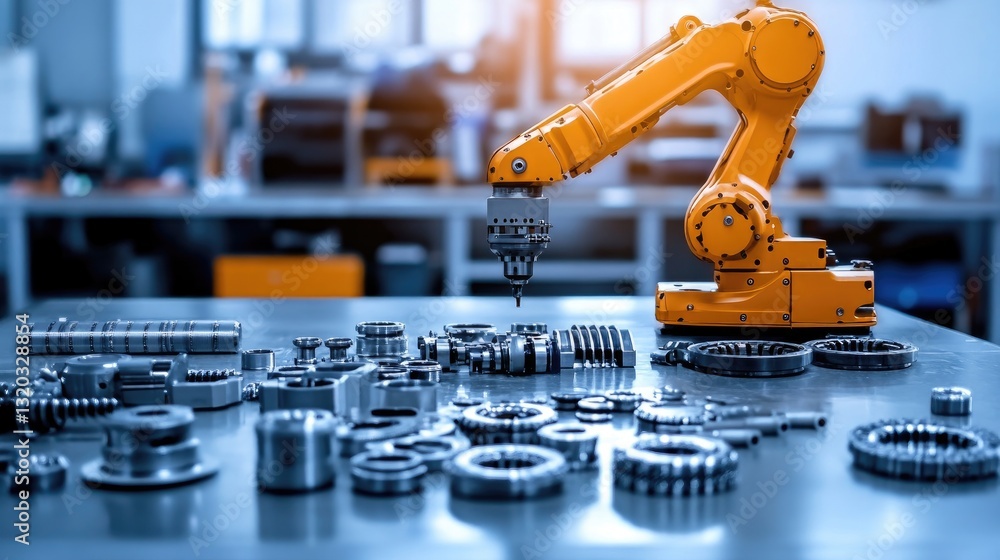 Poster industrial robot arm with mechanical components on a workbench, representing automation and engineer