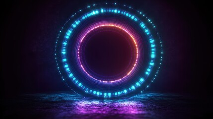 Futuristic Cyber Tunnel with Glowing Points and Neon Rings in Infinite Space Background