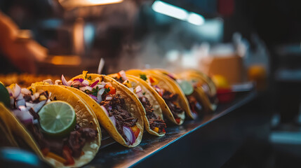 A Culinary Fiesta: A row of freshly made tacos, filled with savory ingredients and garnished with fresh lime wedges. Capturing the tempting allure of street food cuisine. 