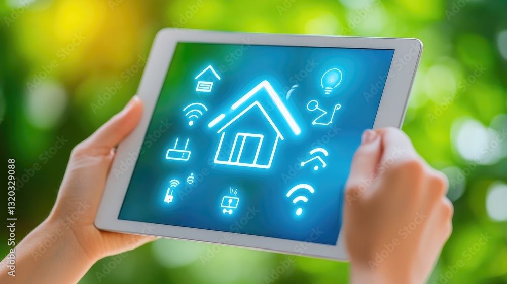 Poster internet of things iot smart home interface displayed on a tablet, controlling connected devices.