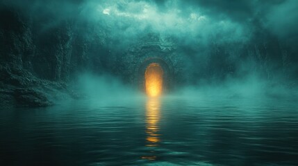 Obraz premium Mysterious Underground Cavern Glowing Doorway Dark Fantasy Temple