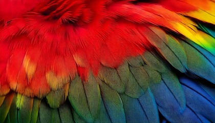 Obraz premium Vibrant Parrot Feather Close-Up Showing Overlapping Red, Yellow, and Blue Layers in High Detail