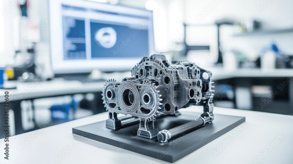 Poster mechanical engineering prototype with gears and d modeling software displayed on a monitor.