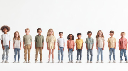 Obraz premium A diverse group of children standing in a line against a white background, showcasing various outfits and expressions, ideal for educational or promotional use