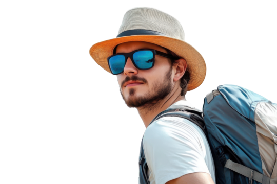 man with beard wearing straw hat and sunglasses on transparent background
