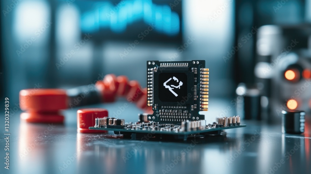 Poster microcontroller board with electronic components, representing embedded systems development.
