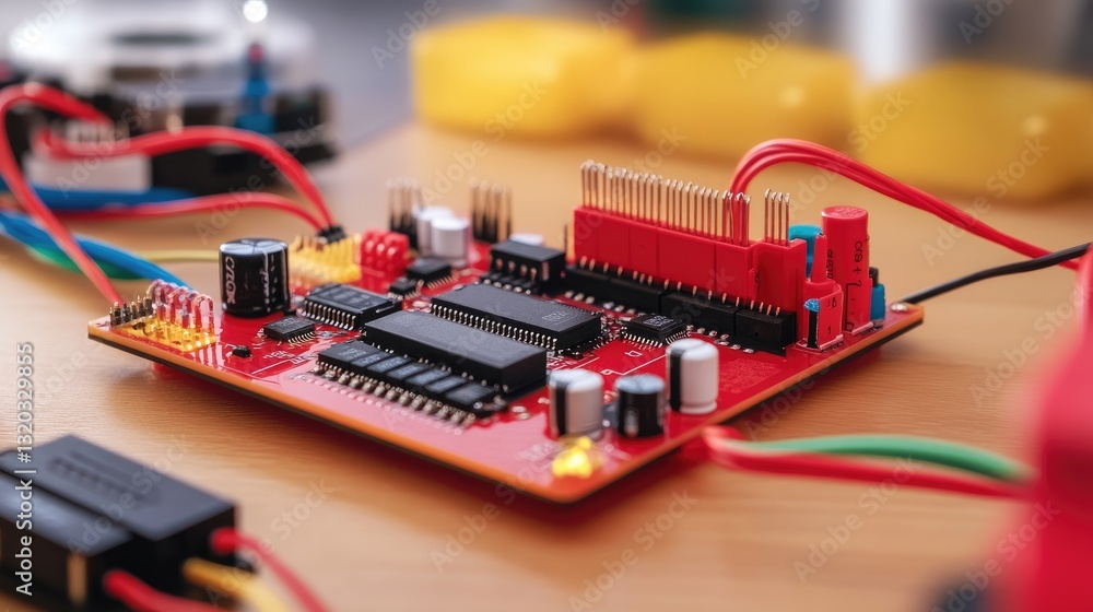 Poster microcontroller board with electronic components, representing embedded systems development.