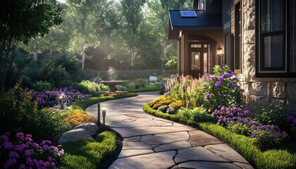 Obraz premium A flagstone home pathway winds through a vibrant garden to the door 2. Generative AI