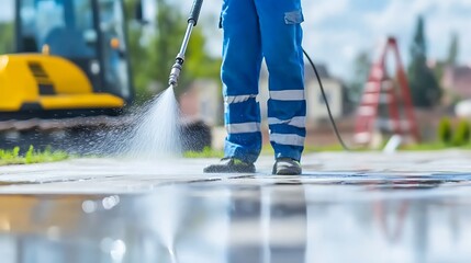A Worker Cleaning the Streets with a Powerful Pressure Washer