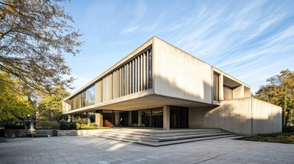 Contemporary concrete building exterior features modern design and open space