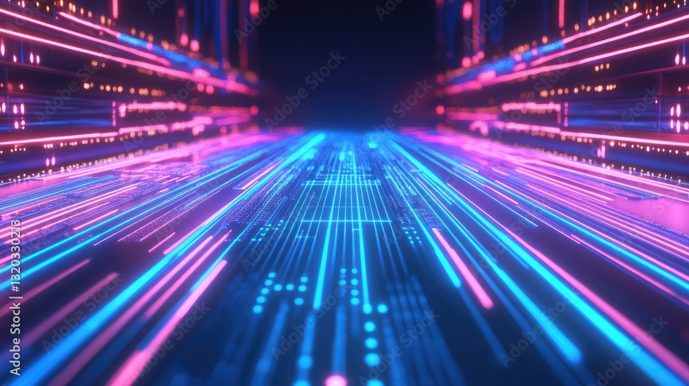 Poster modern processor chip with blue glowing lines representing high-speed data processing.