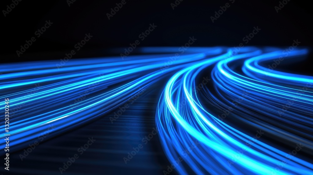 Poster modern processor chip with blue glowing lines representing high-speed data processing.