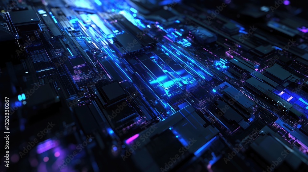Poster modern processor chip with blue glowing lines representing high-speed data processing.
