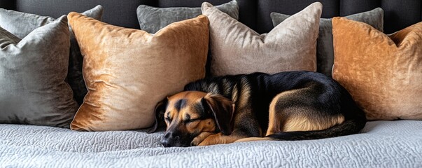 Obraz premium A Comfortable Domestic Dog Resting Among Soft Plush Pillows
