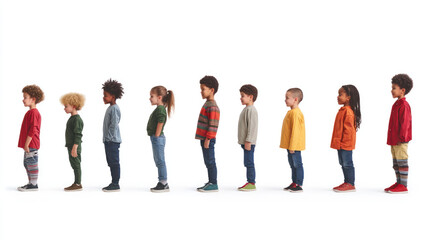 Obraz premium A diverse group of children standing in a line, showcasing various heights and styles, set against a bright white background, ideal for educational or marketing use