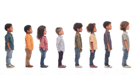 Obraz premium A diverse group of children standing in a line, showcasing various heights and styles, with a bright white background highlighting their individuality