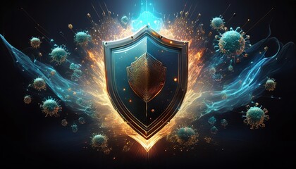 A dramatic visual featuring a shield surrounded by glowing elements and virus-like particles, symbolizing protection against threats.