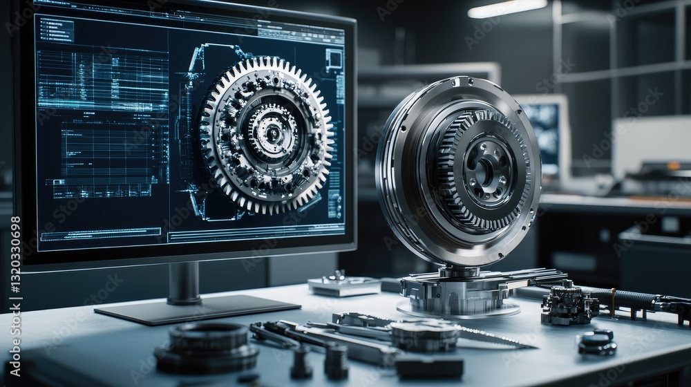 Aufkleber modern workshop with mechanical components, tools, and a digital engineering design displayed on a s