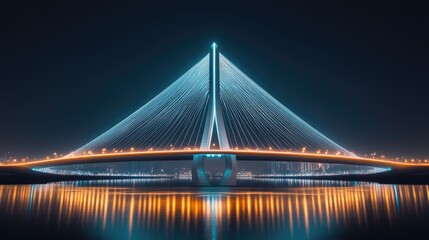 Fototapeta premium Illuminated cable stayed bridge reflecting in the calm water at night