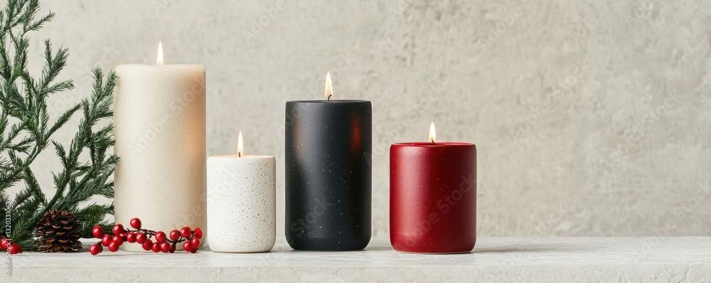 Poster a serene display of four candles in varying colors, surrounded by greenery and berries, creating a c