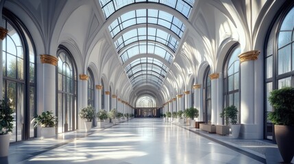 An expansive light filled elegant hallway with glass ceiling windows