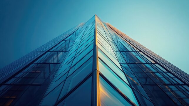 A tall modern building structure stretches upwards towards the sky above