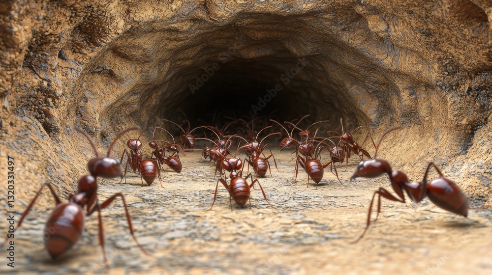 Poster lifelike 3d image of an ant colony deep underground, showing communication between workers and the e