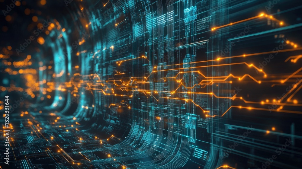 Poster quantum computing circuit board with futuristic energy waves flowing through it.