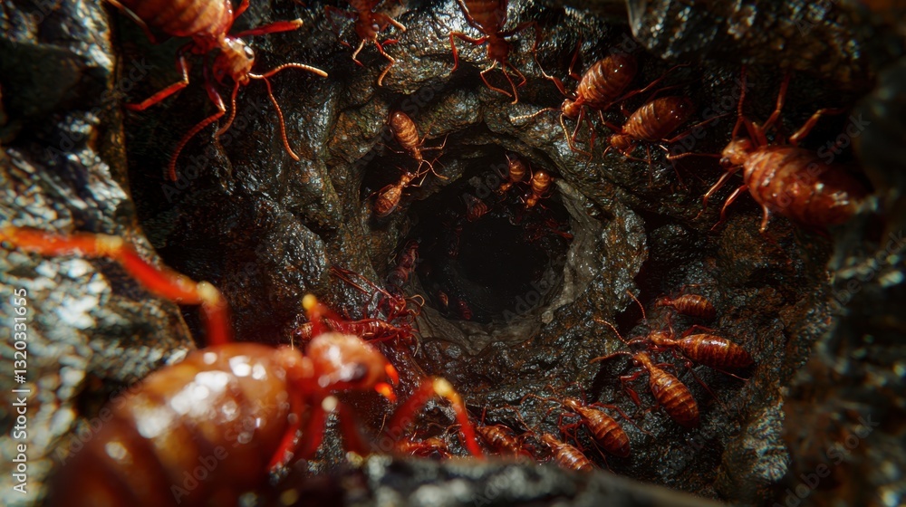 Poster lifelike 3d image of an ant colony deep underground, showing communication between workers and the e